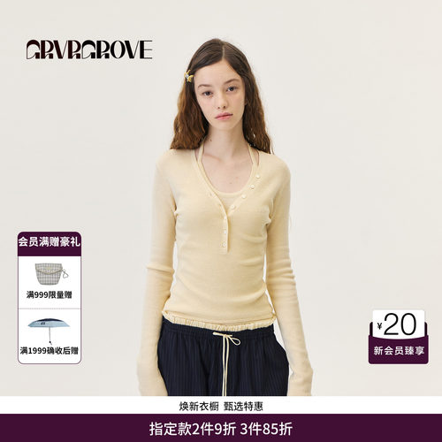GRVR GROVE官方旗舰店2026PS春季新款长袖T恤V领打底衫 GP26KNE12