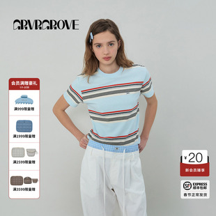 GROVE官方旗舰店2025SS春夏款女士条纹圆领短袖t恤GS5TS28M