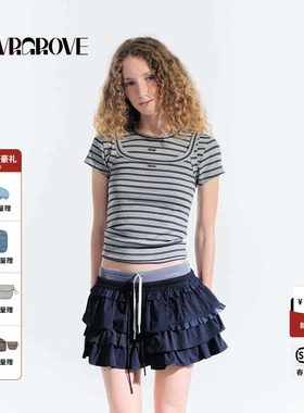 GROVE官方旗舰店2025夏日款女条纹短袖t恤圆领上衣修身GM5TS10M