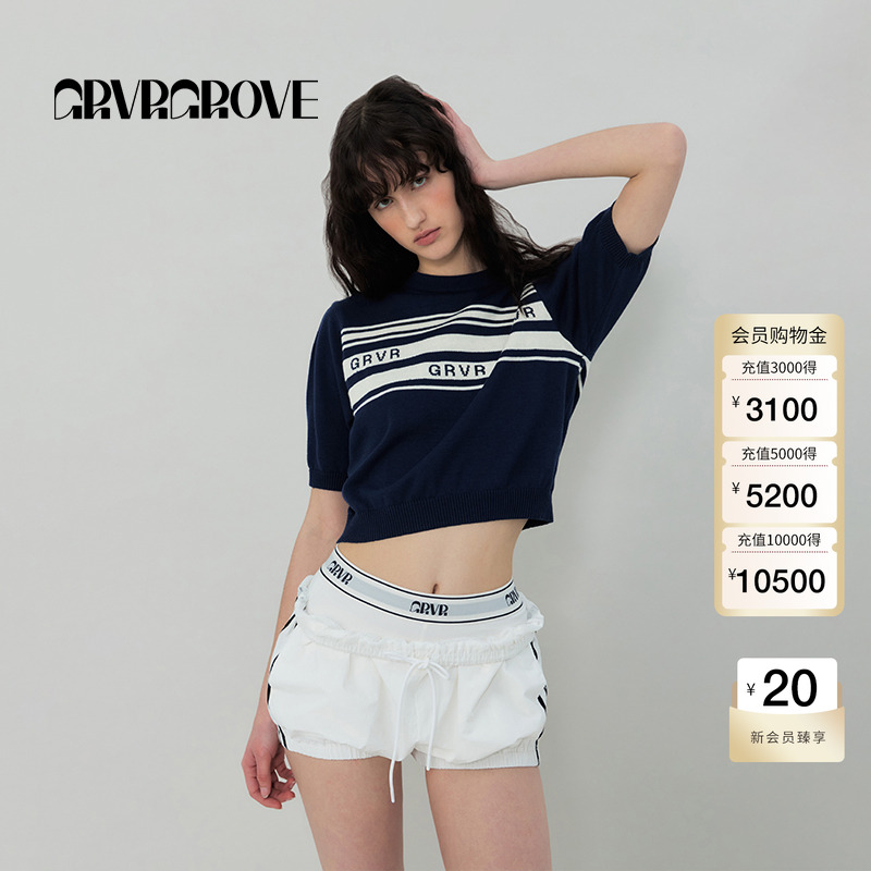 GROVE官方旗舰店2025SS春夏新款条纹GRVR针织短袖女t恤 GS5KN15J
