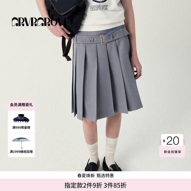 GROVE官方旗舰店女SS春夏款百褶腰盼梭织短裙 GS5SK09