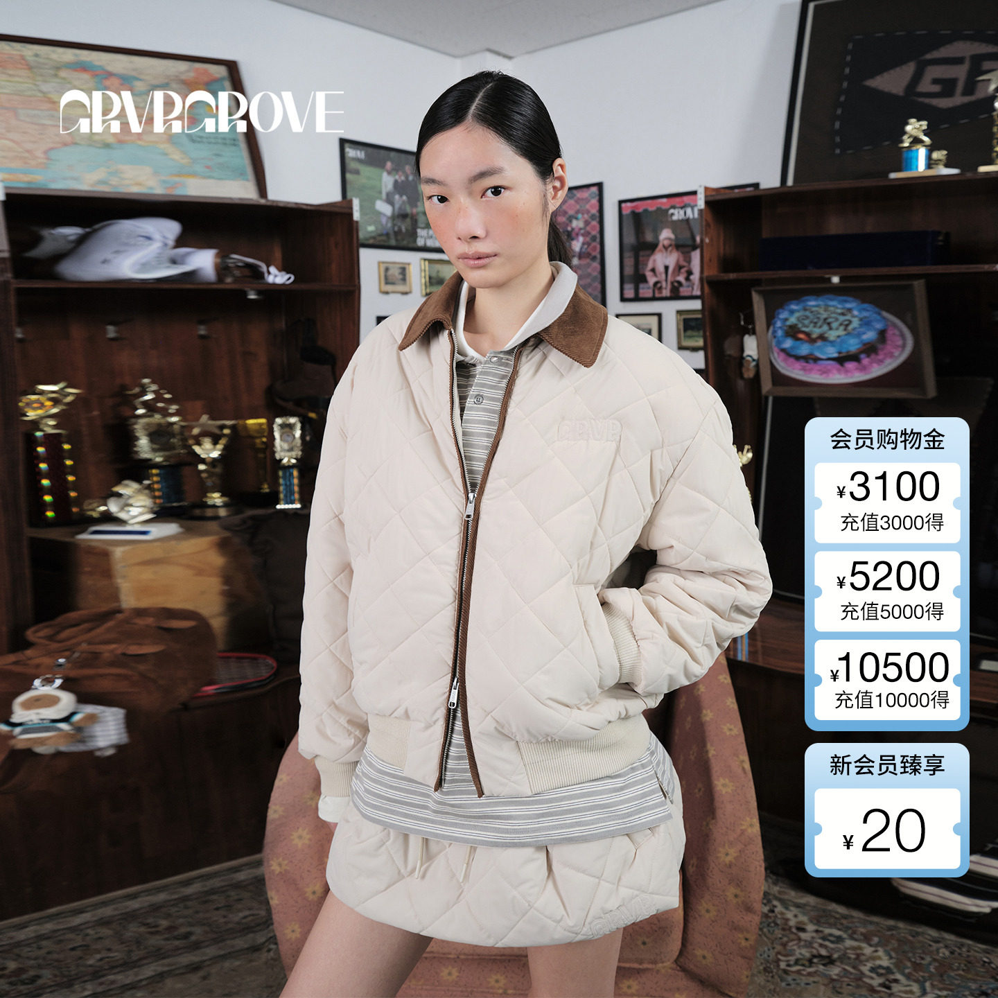 GROVE官方旗舰店 2025WT冬季新款格纹棉服外套拉链女 GCW5JP05