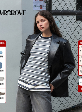 GROVE官方旗舰店2025PS春季新款PU西装复古廓形外套女 GS5JK01M