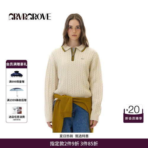 GRVR GROVE官方旗舰店 WT冬季款翻领毛织长袖撞色拉链女GCW5KN16
