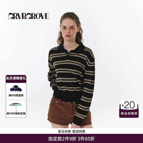 【博主同款】GRVR GROVE官方旗舰店秋季翻领条纹毛织长袖GF5KN07C