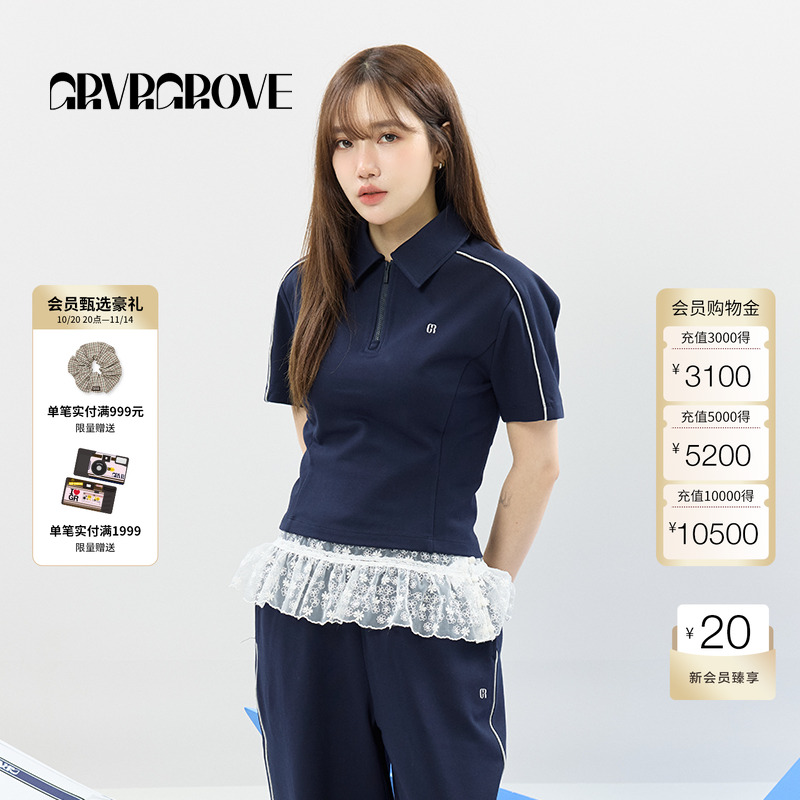 GROVE官方旗舰店2025SS春夏新款女士半拉链短袖POLO衫t恤GCM5TS02