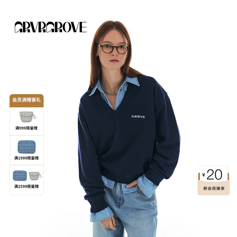 GROVE官方旗舰店女春季款休闲纯色V领字母刺绣羊毛长袖针织毛衣
