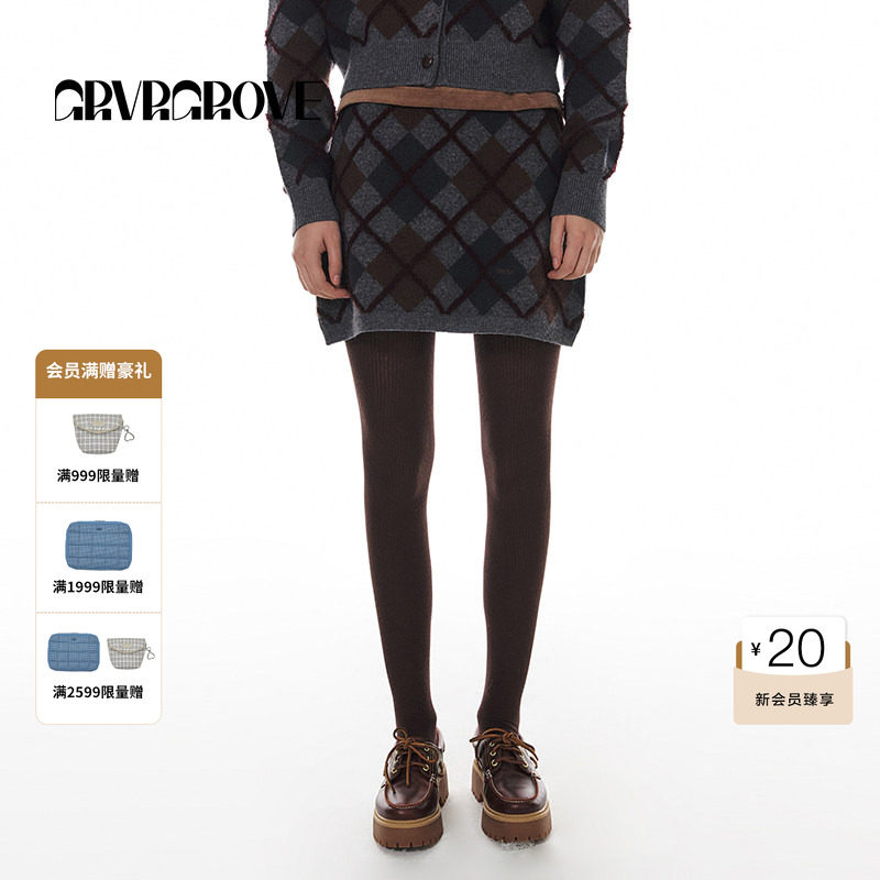 GROVE官方旗舰店冬季款菱格纹毛织短裙女韩版A字半身裙通勤