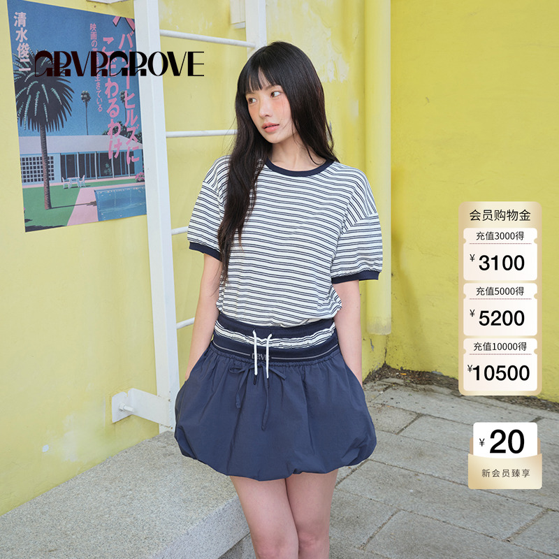 GROVE官方旗舰店2025BS夏季新款女条纹短袖复古撞色t恤BM5TS04M