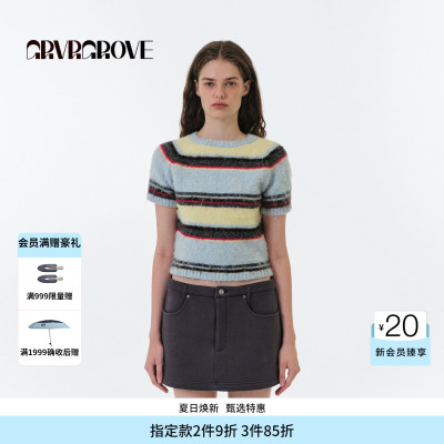 GROVE官方旗舰店 FW秋季款条纹短袖针织衫女 GF5KN26J