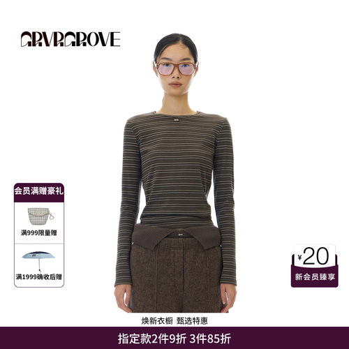 GRVR GROVE官方旗舰店 2025WT冬季款长袖圆领T恤条纹女 GCW5TS02
