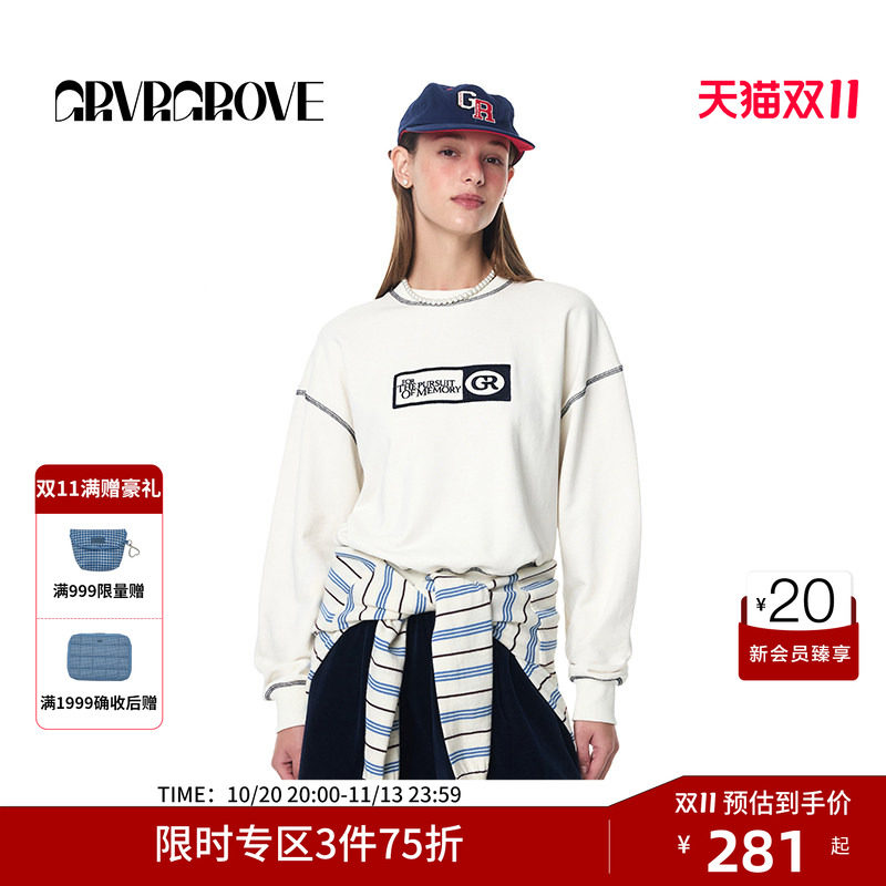 GRVR GROVE官方旗舰店秋季款长袖宽松学院风经典字母LOGO套头卫衣