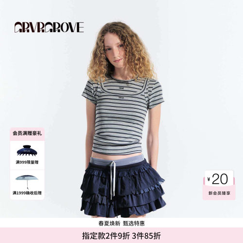 GROVE官方旗舰店夏日款女条纹短袖t恤圆领上衣修身GM5TS10M