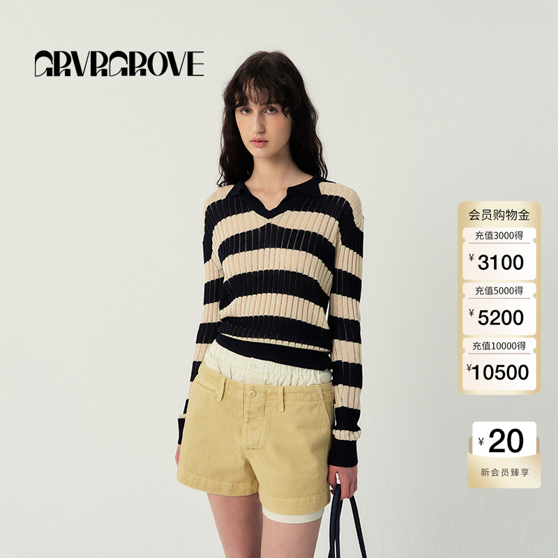 GROVE官方旗舰店2025SS春夏新款女条纹套头针织衫撞色V领GR5KN01C