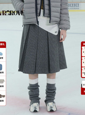 GROVE官方旗舰店 2025WT冬季新款中长款百褶裙长半裙下装GCW5SK04