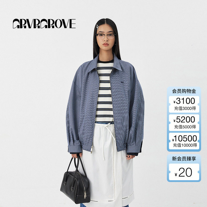 GROVE官方旗舰店2025PS春季新款女梭织翻领夹克格子外套 GS5JP02M