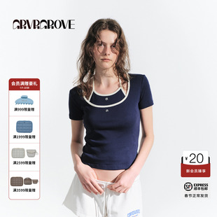 GROVE官方旗舰店2025HS夏日款撞色大圆领修身短袖t恤 GM5TS03M