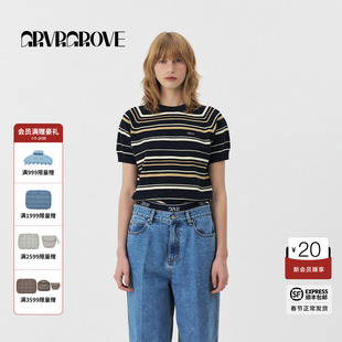 GROVE官方旗舰店2025PS春季款女条纹针织T恤衫圆领短袖GS5KN11J