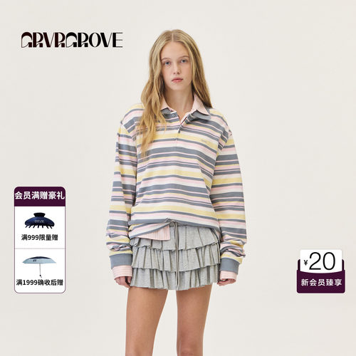 GRVR GROVE官方旗舰店26PS春季长袖polo衫韩系条纹翻领GP26TSC36