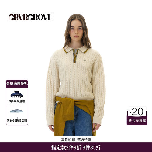 GRVR GROVE官方旗舰店 WT冬季款翻领毛织长袖撞色拉链女GCW5KN16
