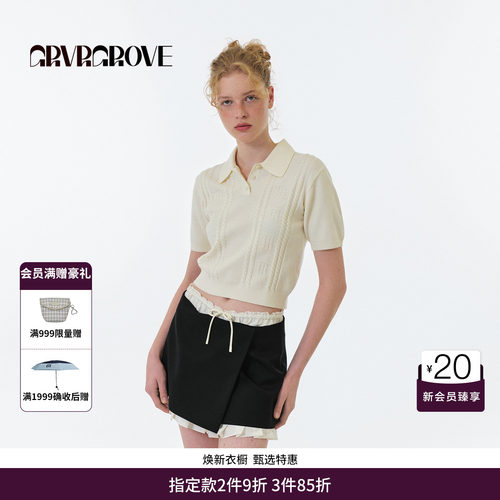 GRVR GROVE官方旗舰店 FW秋季款翻领短袖针织衫女款 GF5KN03C