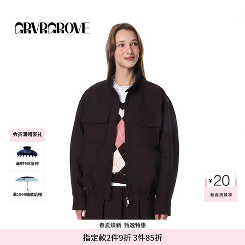 GROVE官方旗舰店女士秋季款复古老钱风夹克梭织短款外套女装