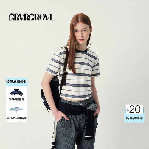GROVE官方旗舰店SS春夏款女士条纹GRVR圆领短袖t恤GR5TS04C