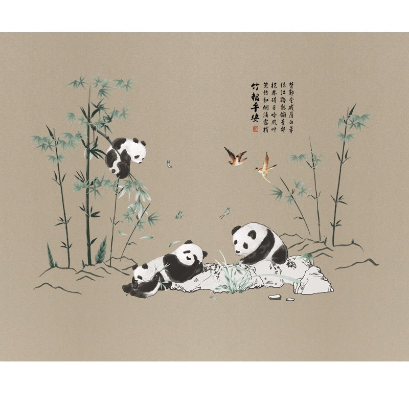 中式独秀刺绣墙布竹报平安竹子熊猫书房客厅餐厅沙发电视背景壁布