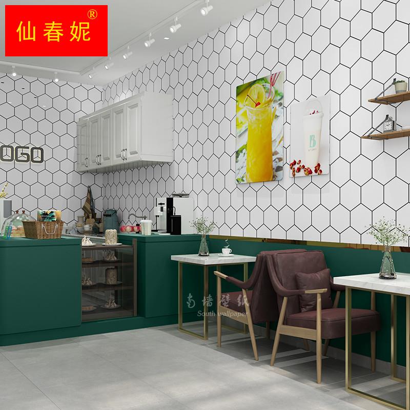 壁纸自粘商用黑白格子六边形几何菱形水果店炸串店炸鸡店壁纸贴纸