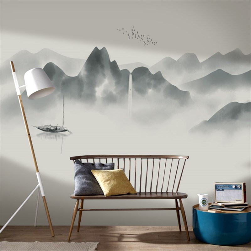 水墨国画新中式壁画壁纸不织布壁纸装饰客厅电视背景墙墙布3D无缝