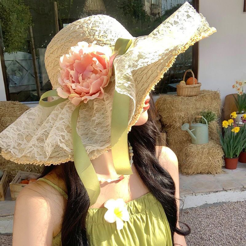 花朵蝴蝶结蕾丝拉菲草帽女海边沙滩度假风大帽檐遮阳防晒太阳帽子