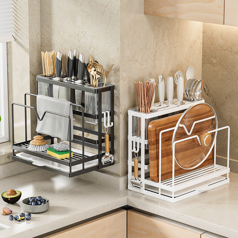 不锈钢厨房刀架置物架家用刀具一体壁挂式收纳架台面砧板架筷子桶