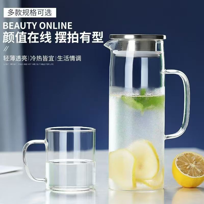 家用待客凉水壶竹盖直身壶高硼硅花茶壶果汁冷饮壶耐高温泡茶壶