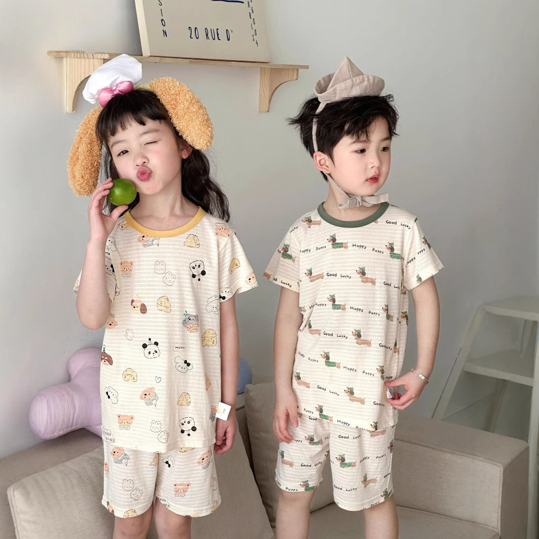 儿童睡衣夏季薄款a类男女童竹纤维短袖冰凉家居服套装宝宝可爱风