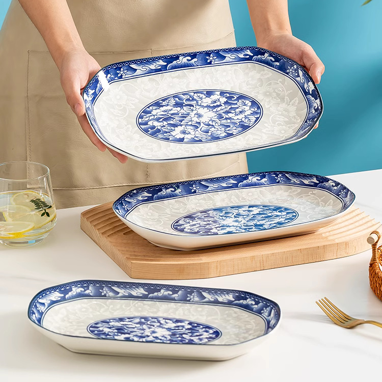 鱼盘家用大号盘子创意蒸鱼盘长方形菜盘日式和风陶瓷餐盘青花瓷