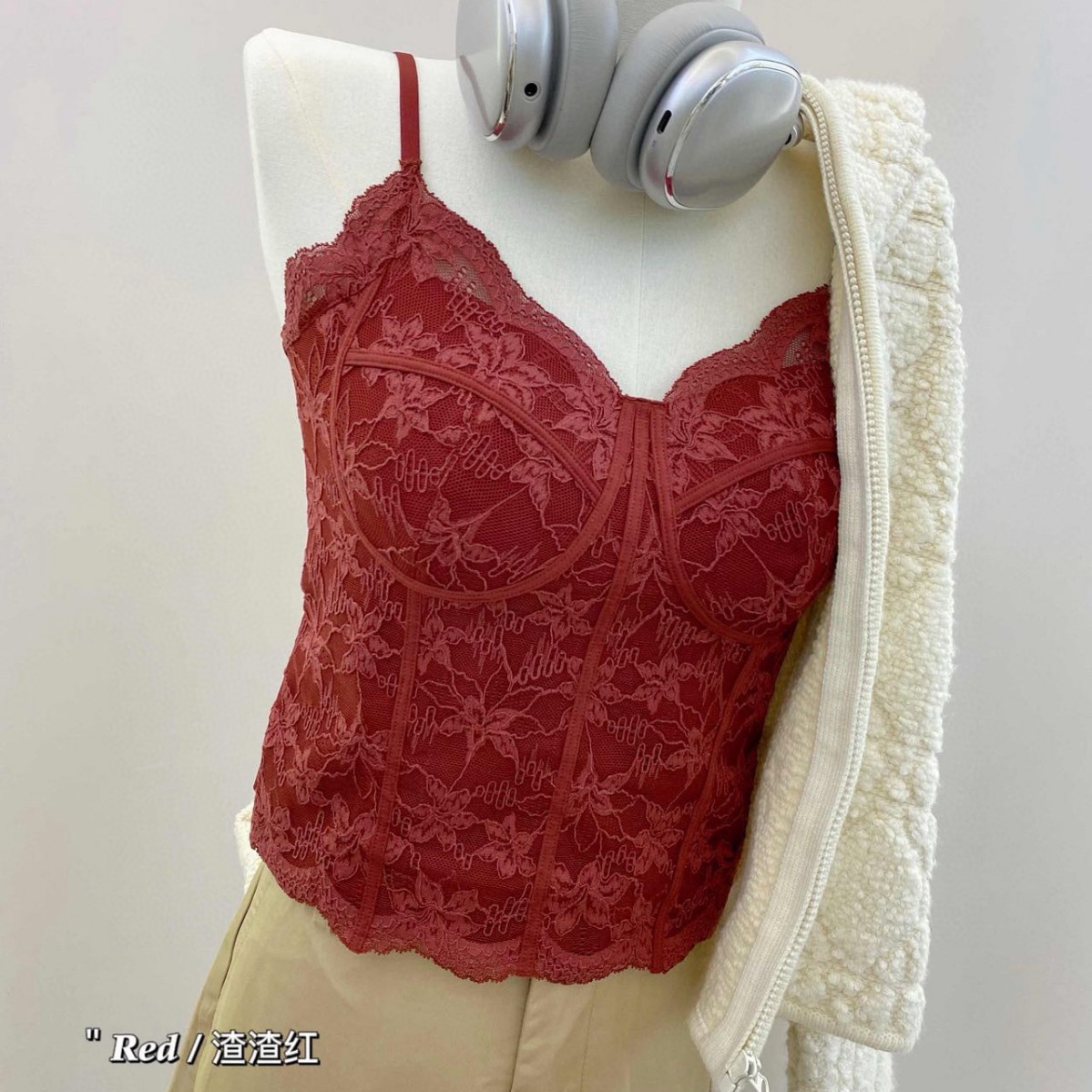 美月馨86100性感蕾丝吊带植物花卉细肩带可调节内搭打底保暖背心