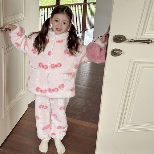 艾摩贝贝女童暖糯治愈居家服睡衣儿童雪粒绒珊瑚绒加厚毛绒家居服