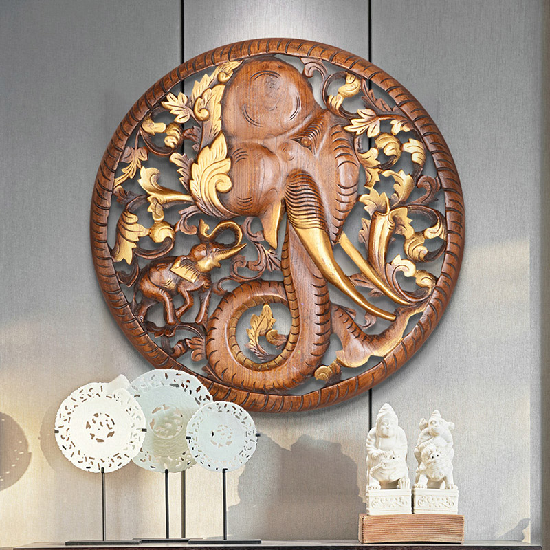 木雕挂件圆形东南亚木雕壁挂墙饰大象雕花板背景墙装饰实木挂件