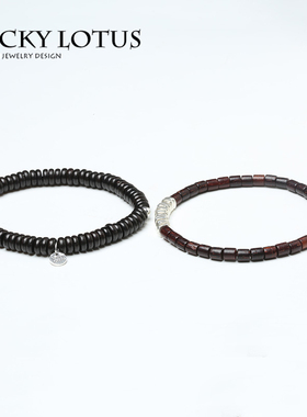 新品LUCKYLOTUS首饰手工小叶紫檀桶珠925银串珠手链简约个性男女