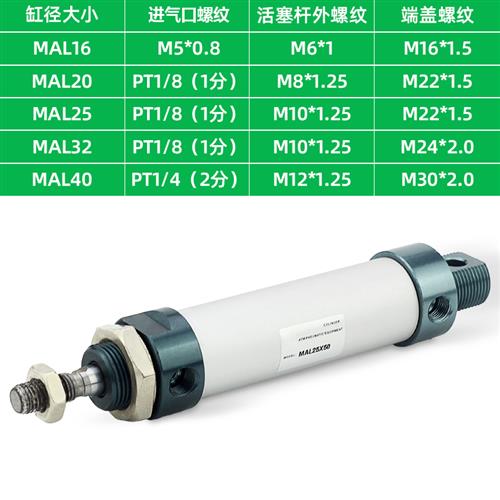亚德客型小型气动迷你气缸MAL16-20-25-32-40-100/200/25/50/75