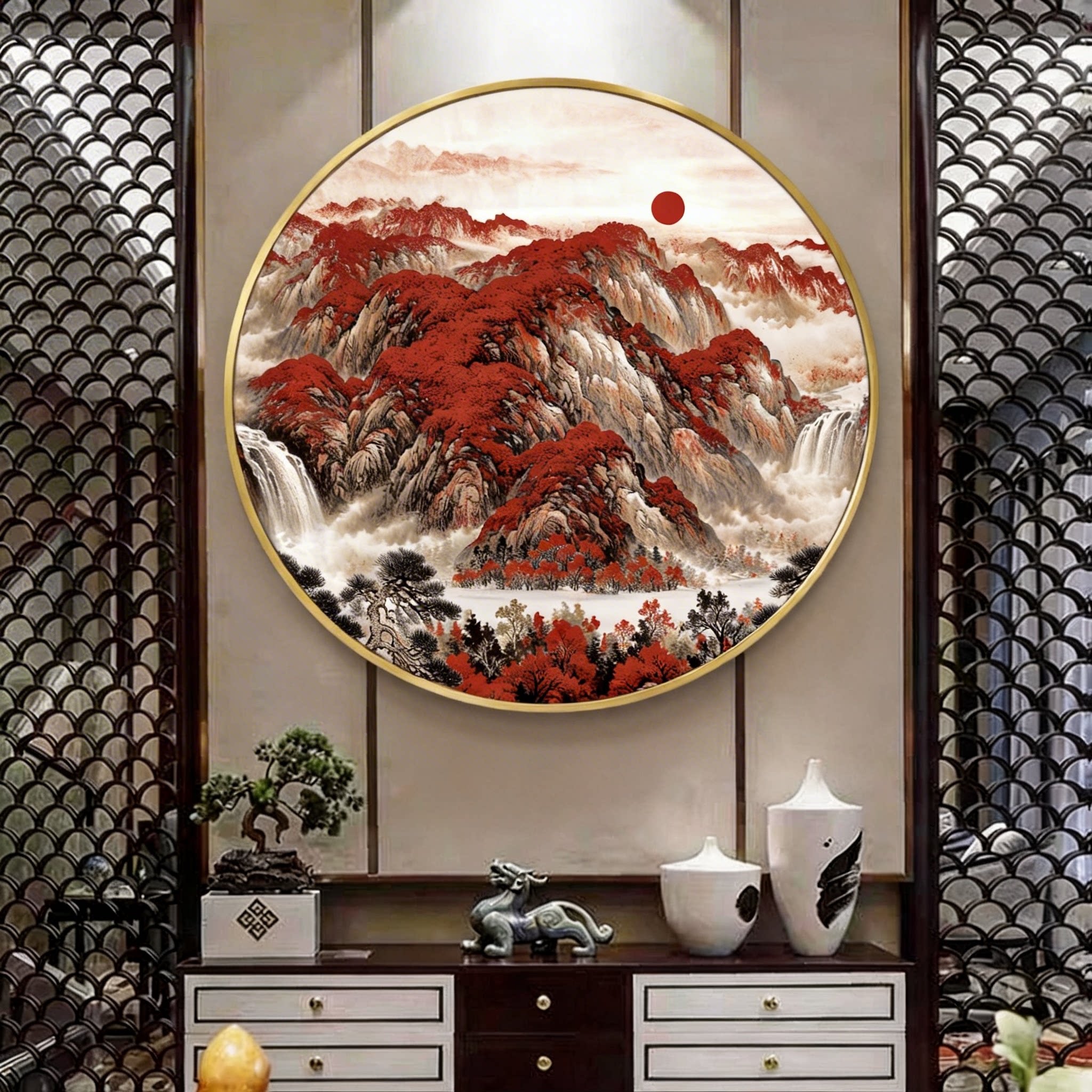 新中式圆形鸿运当头朱砂画玄关挂画山水画现代装饰画铝合金画框