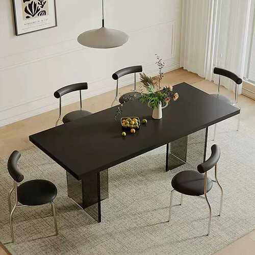 亚克力岩板餐桌纯黑轻奢现代简约网红小户型下挂长方形悬浮餐桌椅