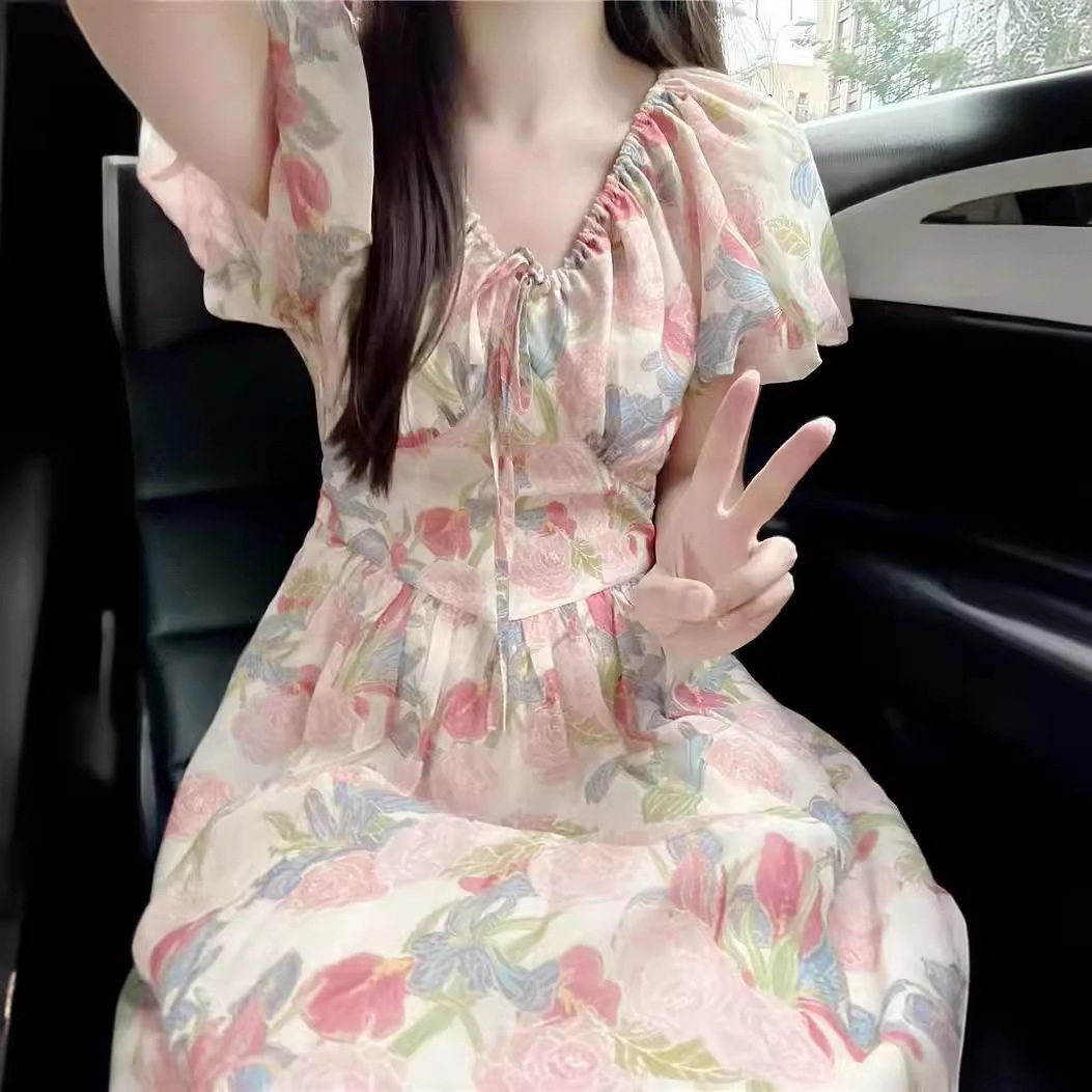 大码田园风法式V领短袖连衣裙女连衣裙