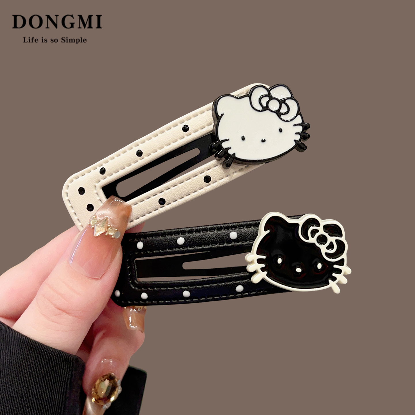黑白波点kt猫可爱皮质发夹女