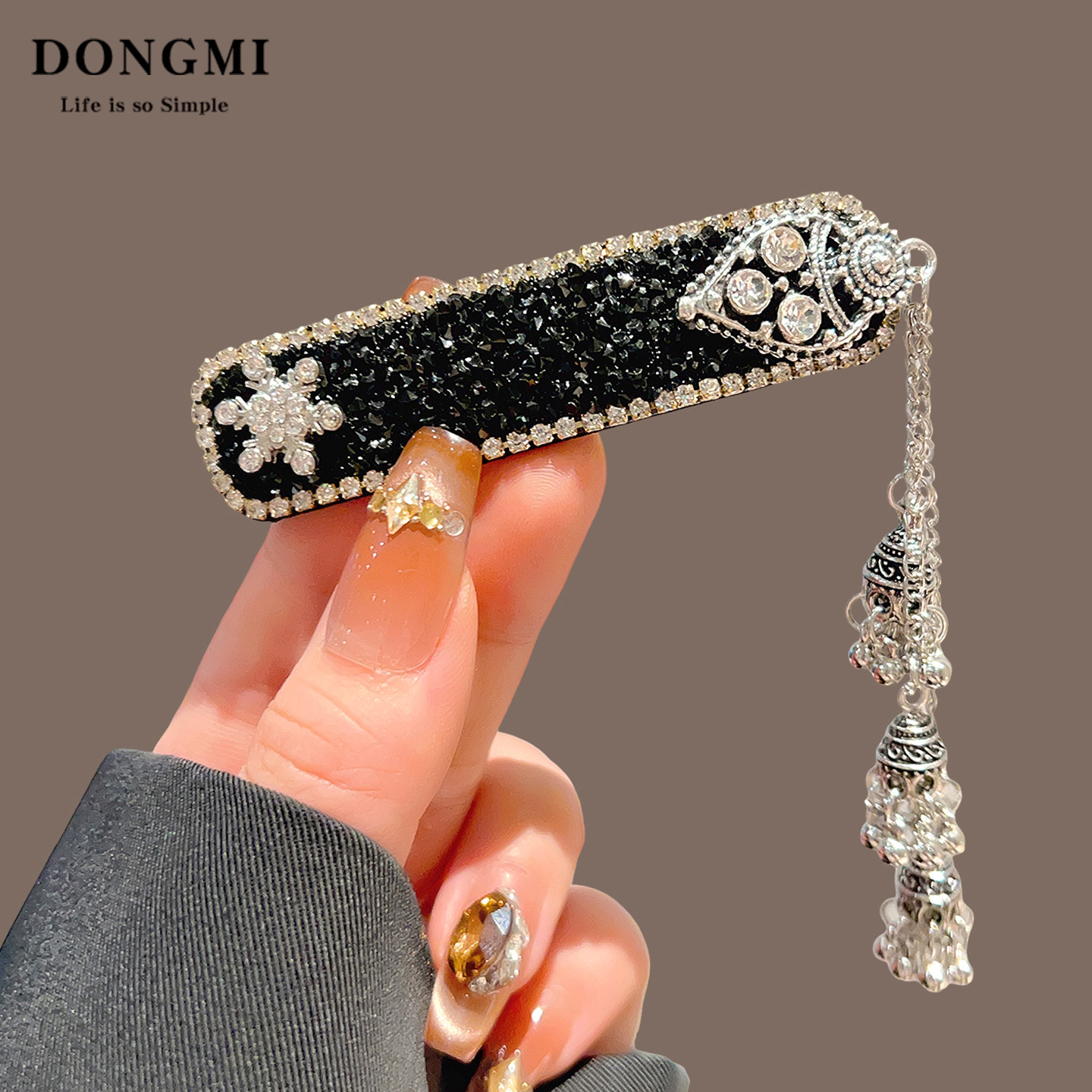 璀璨星河~黑曜石闪钻铃铛流苏发夹女高级感植绒民族风刘海侧边夹