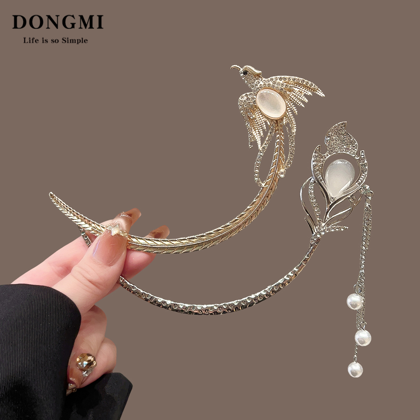 精致镶钻凤凰弯月发簪女