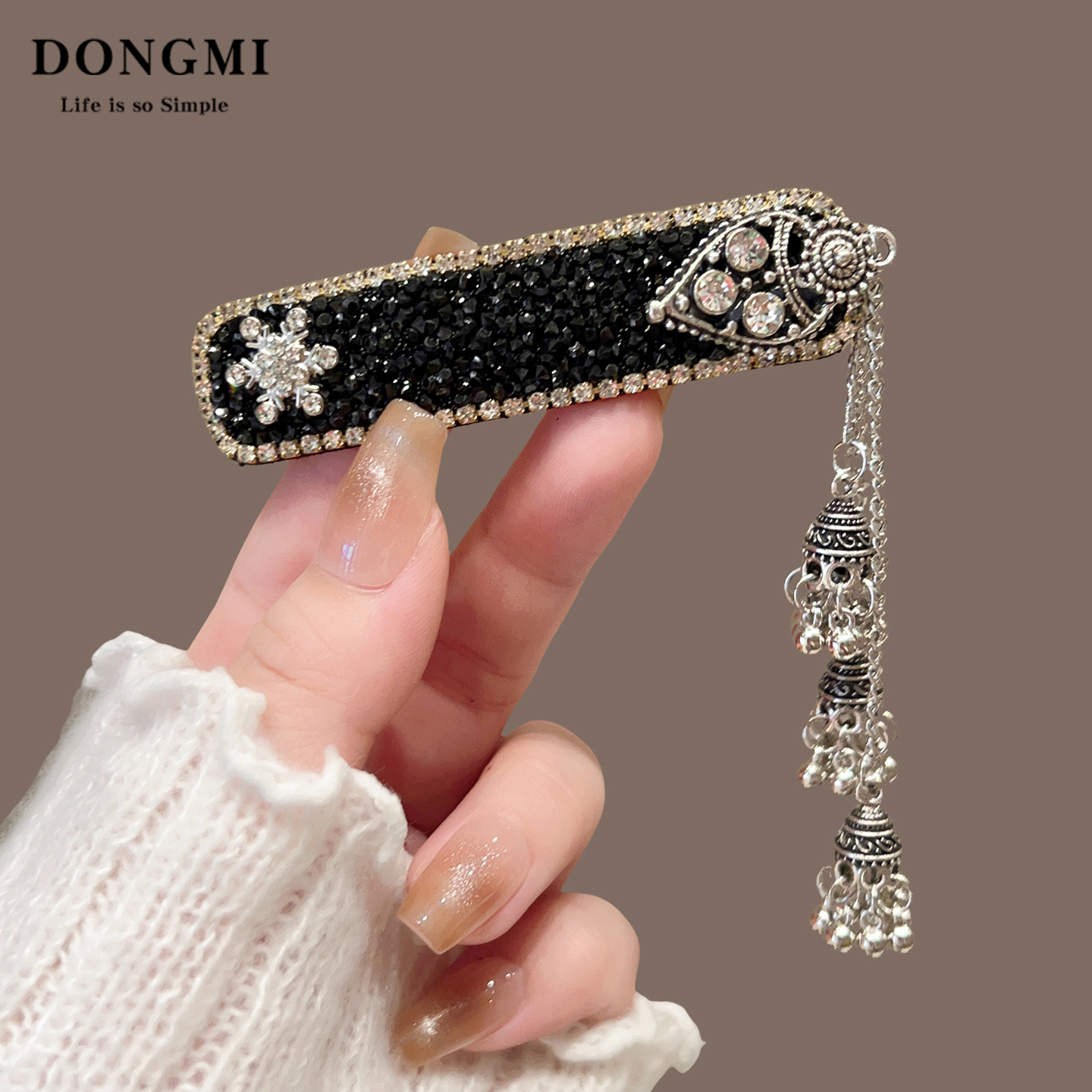 璀璨星河~黑曜石闪钻铃铛流苏发夹女高级感植绒民族风刘海侧边夹