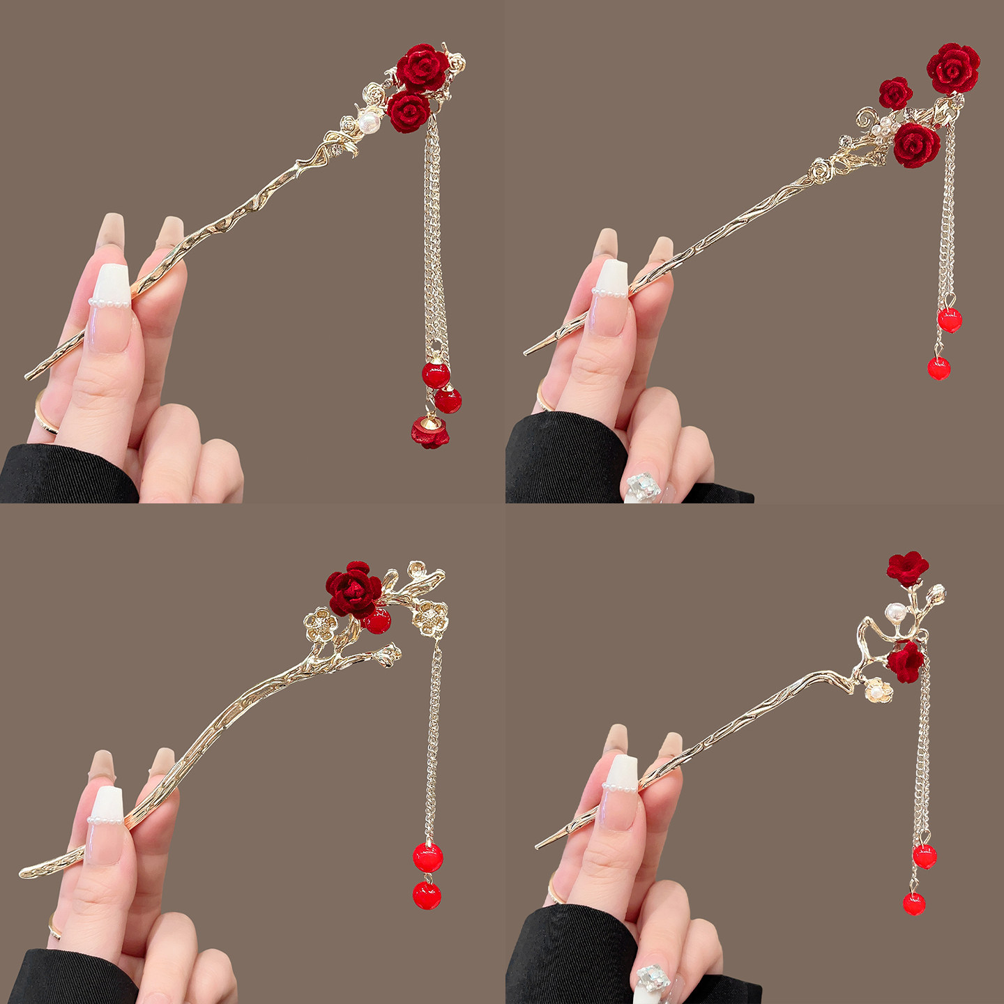 秋冬红色新年流苏发簪女2025新款高端新中式U型发钗盘发簪子头饰