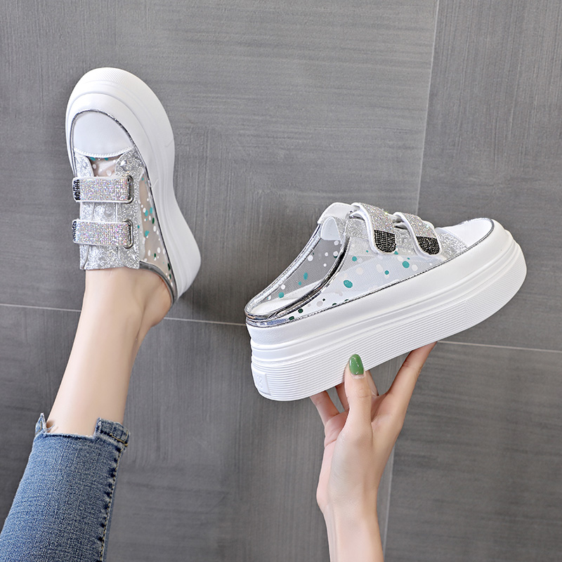 网面包头半拖鞋女外穿2022ins夏新款无后跟小白鞋厚底松糕跟女鞋