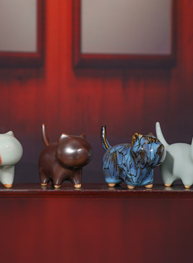 新款高档钧瓷桌面猫咪手把件摆件陶瓷可爱小猫创意茶宠猫闺蜜同学